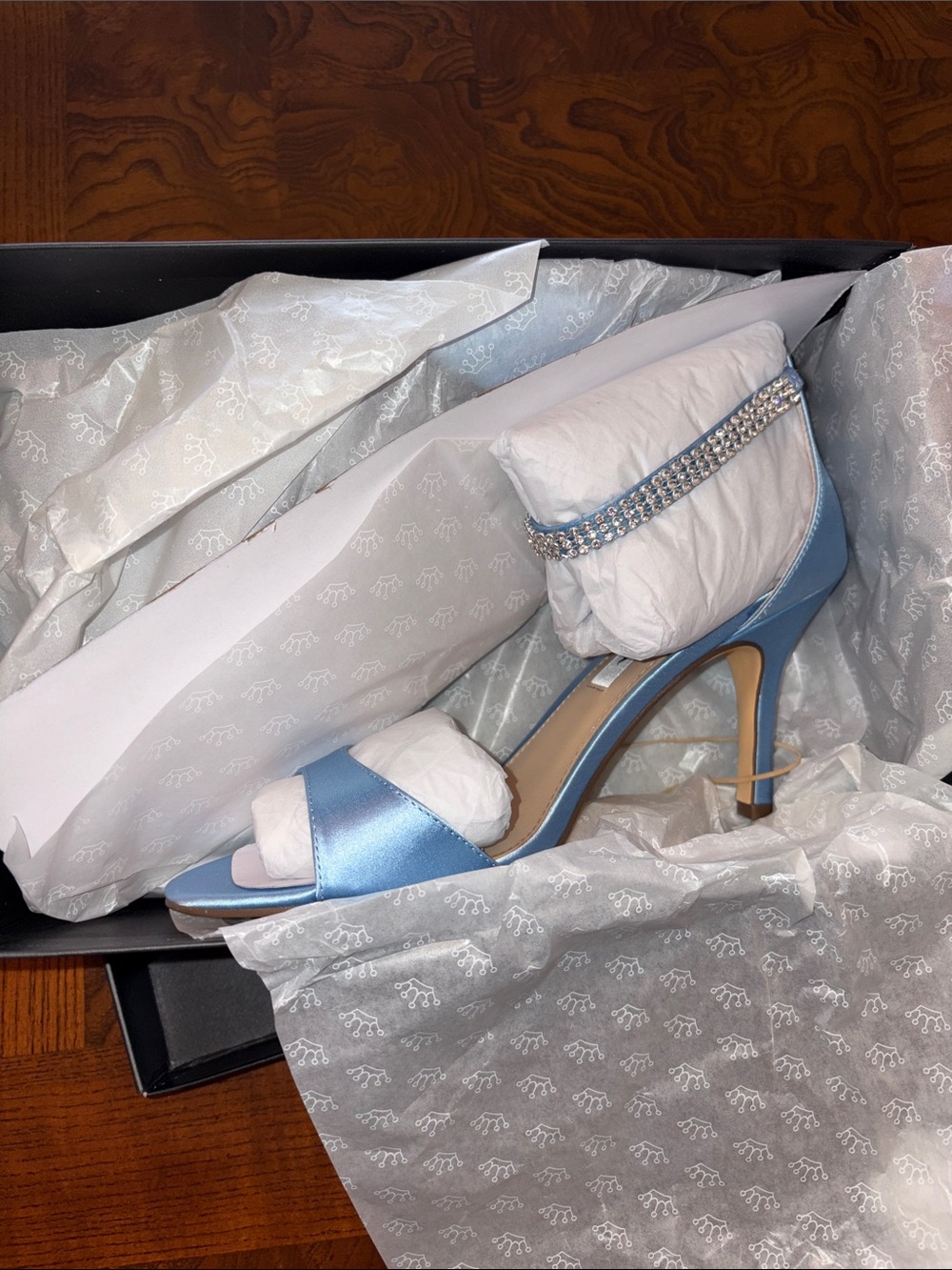 Nina Satin Open-Toe Ankle-Strap Heel in Light Blue with Crystal Accents